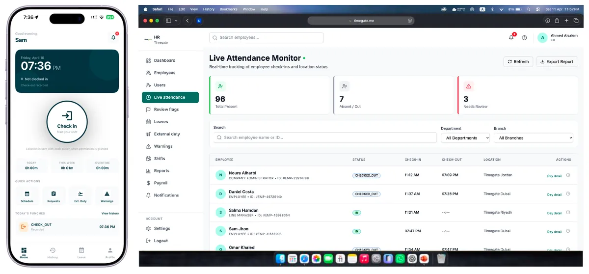 TimeGate dashboard showing live branch attendance alongside the mobile check-in screen